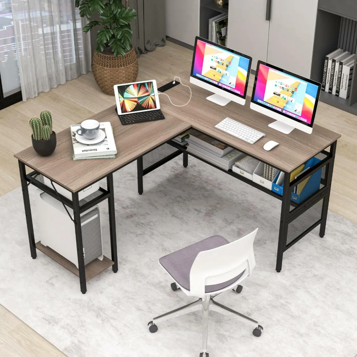 Tangkula Reversible L-Shaped Computer Desk with Charging Station & Shelves