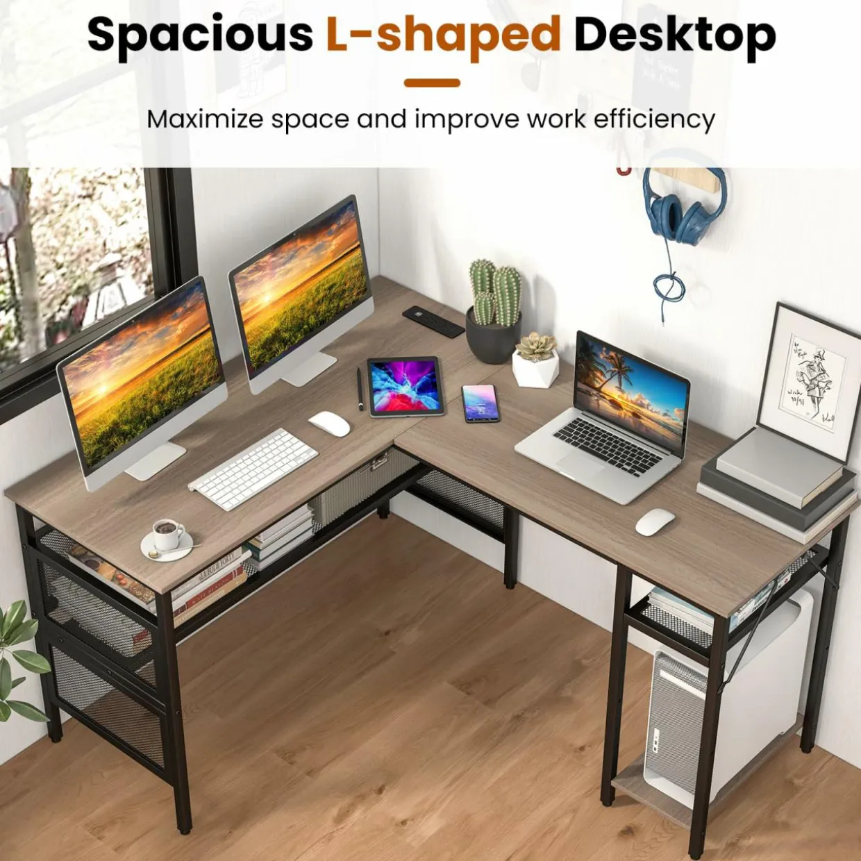 Tangkula Reversible L-Shaped Computer Desk with Charging Station & Shelves