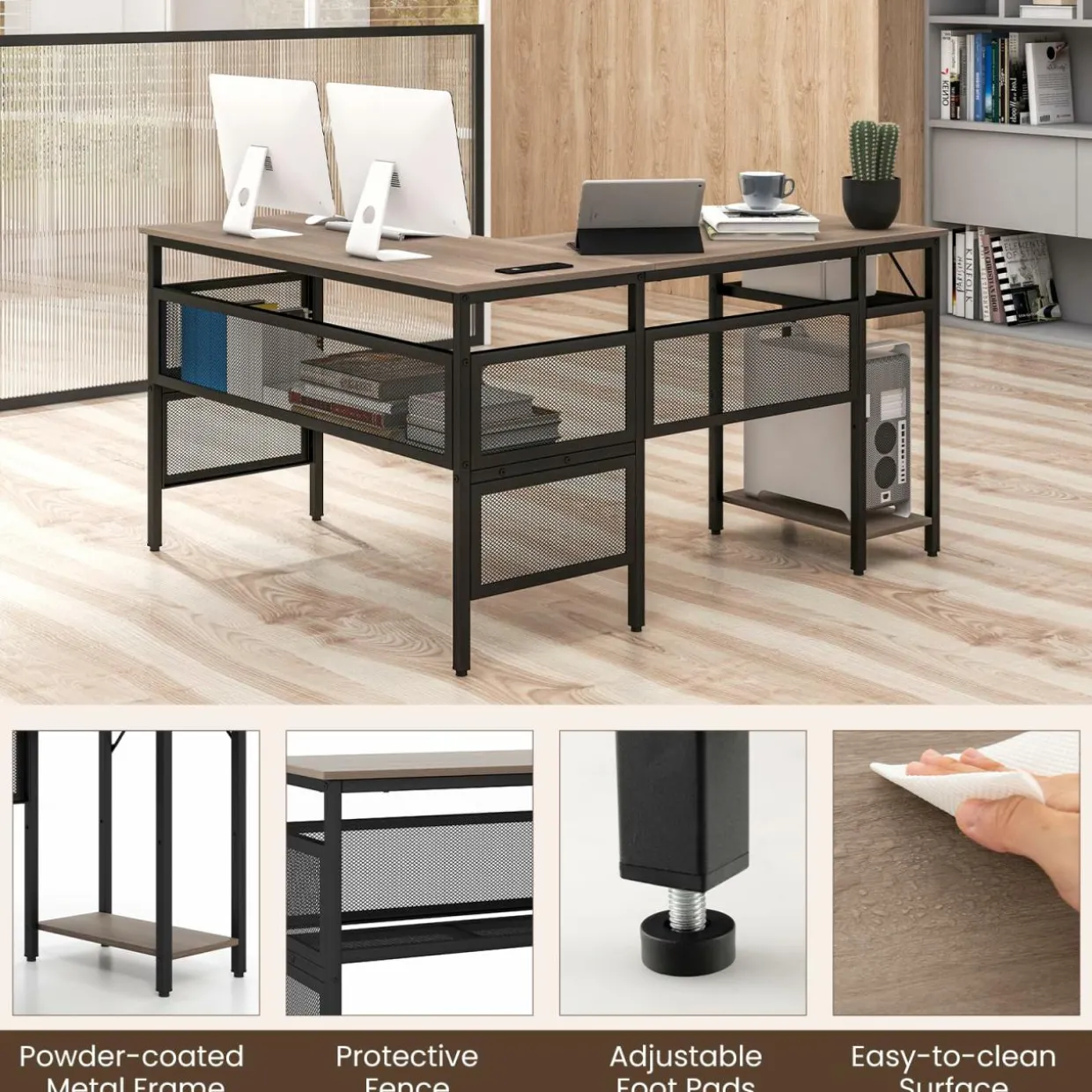 Tangkula Reversible L-Shaped Computer Desk with Charging Station & Shelves