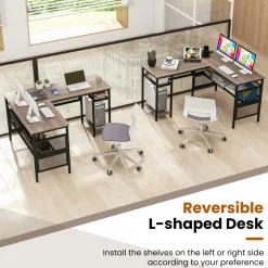 Tangkula Reversible L-Shaped Computer Desk with Charging Station & Shelves