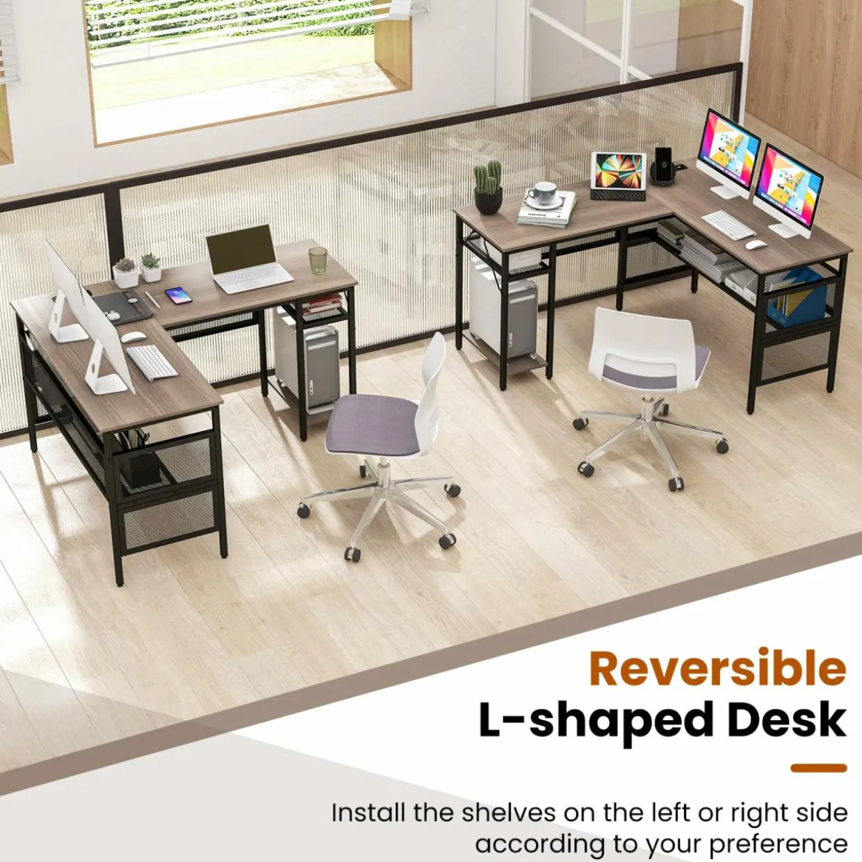 Tangkula Reversible L-Shaped Computer Desk with Charging Station & Shelves
