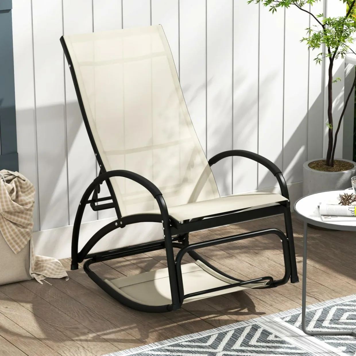 Tangkula Rocking Chair Outdoor, 2-in-1 Convertible Lounge Chair with 4-Level Adjustable Backrest