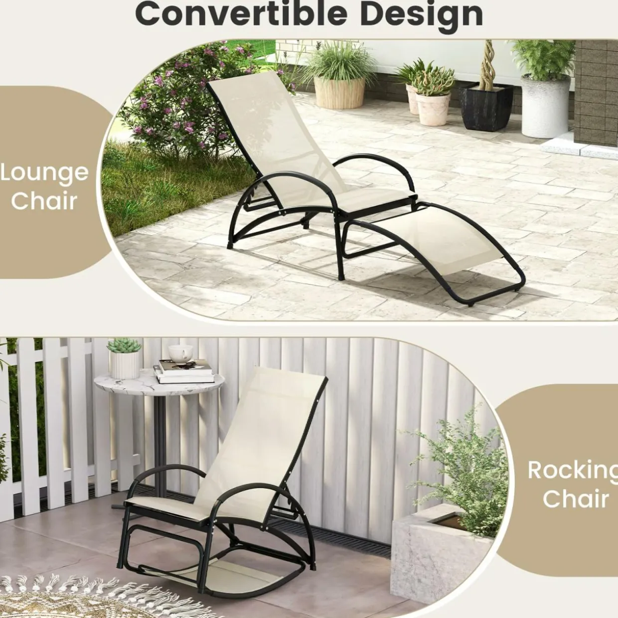Tangkula Rocking Chair Outdoor, 2-in-1 Convertible Lounge Chair with 4-Level Adjustable Backrest