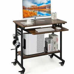 Tangkula Rolling Computer Desk Cart with Keyboard Tray, Mobile Portable Laptop PC Desk with CPU Stand & 3 Hooks for Sofa & Bed