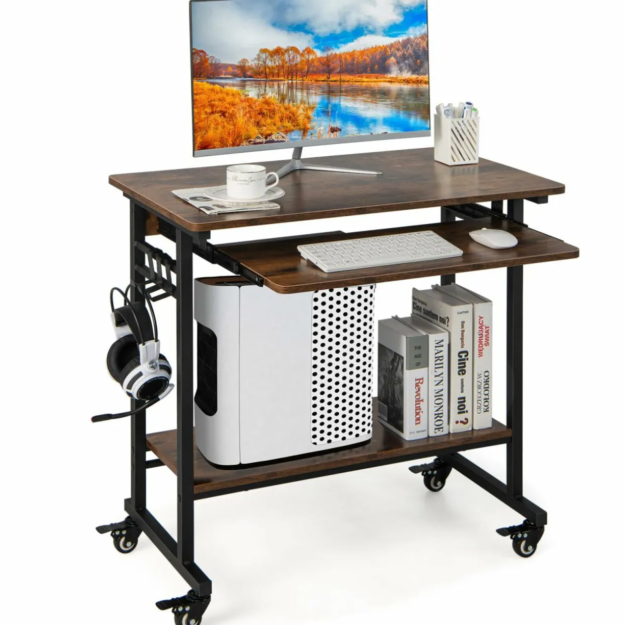 Tangkula Rolling Computer Desk Cart with Keyboard Tray, Mobile Portable Laptop PC Desk with CPU Stand & 3 Hooks for Sofa & Bed