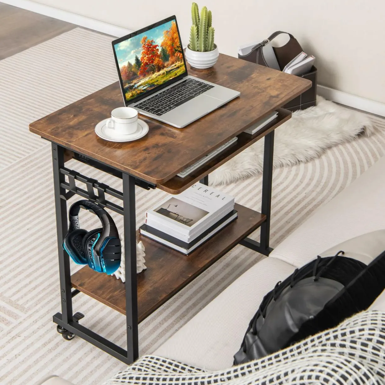Tangkula Rolling Computer Desk Cart with Keyboard Tray, Mobile Portable Laptop PC Desk with CPU Stand & 3 Hooks for Sofa & Bed