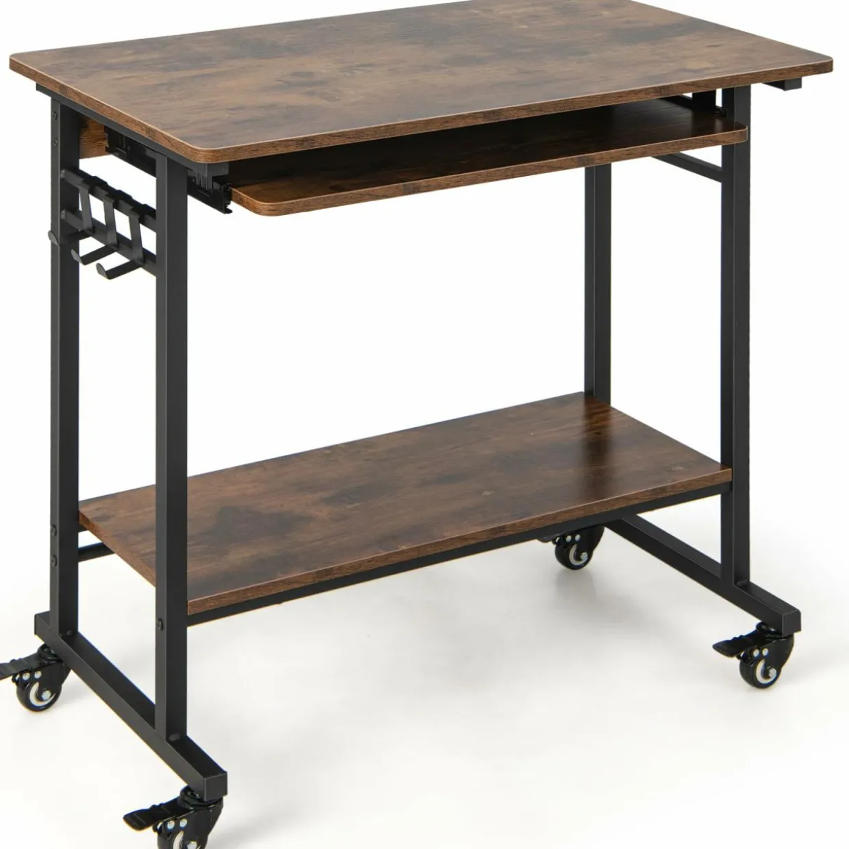 Tangkula Rolling Computer Desk Cart with Keyboard Tray, Mobile Portable Laptop PC Desk with CPU Stand & 3 Hooks for Sofa & Bed