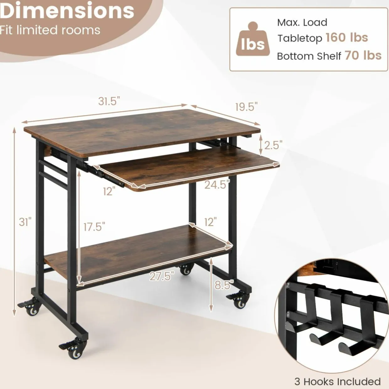 Tangkula Rolling Computer Desk Cart with Keyboard Tray, Mobile Portable Laptop PC Desk with CPU Stand & 3 Hooks for Sofa & Bed