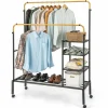 Tangkula Rolling Double Rods Garment Rack, Clothes Drying Rack with Height Adjustable Hanging Bars