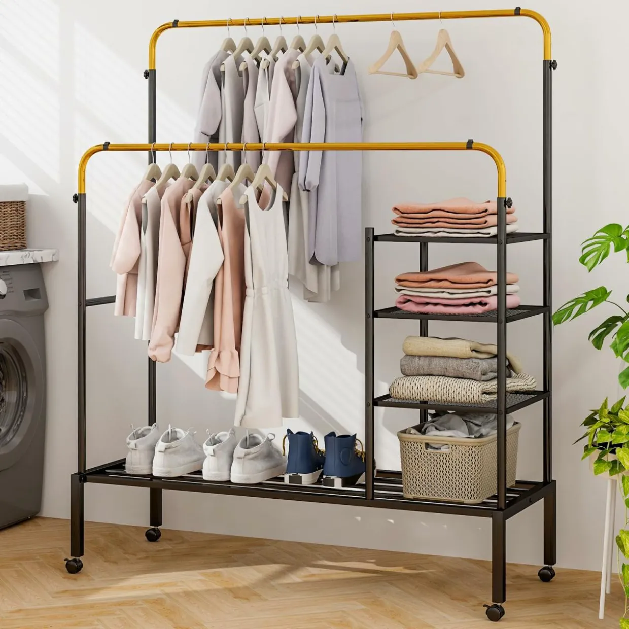 Tangkula Rolling Double Rods Garment Rack, Clothes Drying Rack with Height Adjustable Hanging Bars