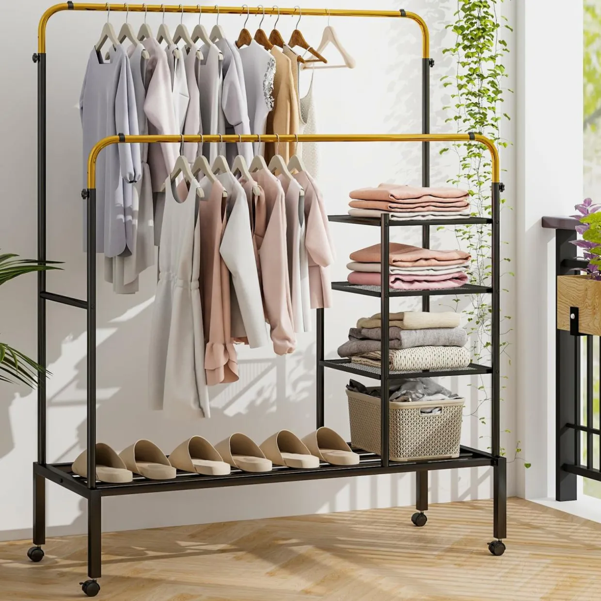 Tangkula Rolling Double Rods Garment Rack, Clothes Drying Rack with Height Adjustable Hanging Bars