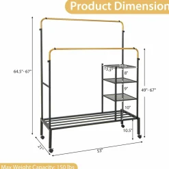Tangkula Rolling Double Rods Garment Rack, Clothes Drying Rack with Height Adjustable Hanging Bars