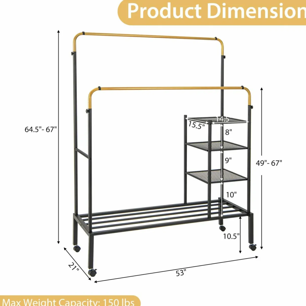 Tangkula Rolling Double Rods Garment Rack, Clothes Drying Rack with Height Adjustable Hanging Bars