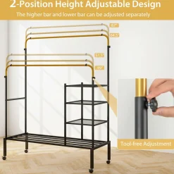 Tangkula Rolling Double Rods Garment Rack, Clothes Drying Rack with Height Adjustable Hanging Bars