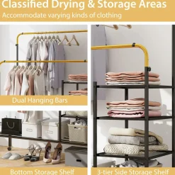 Tangkula Rolling Double Rods Garment Rack, Clothes Drying Rack with Height Adjustable Hanging Bars