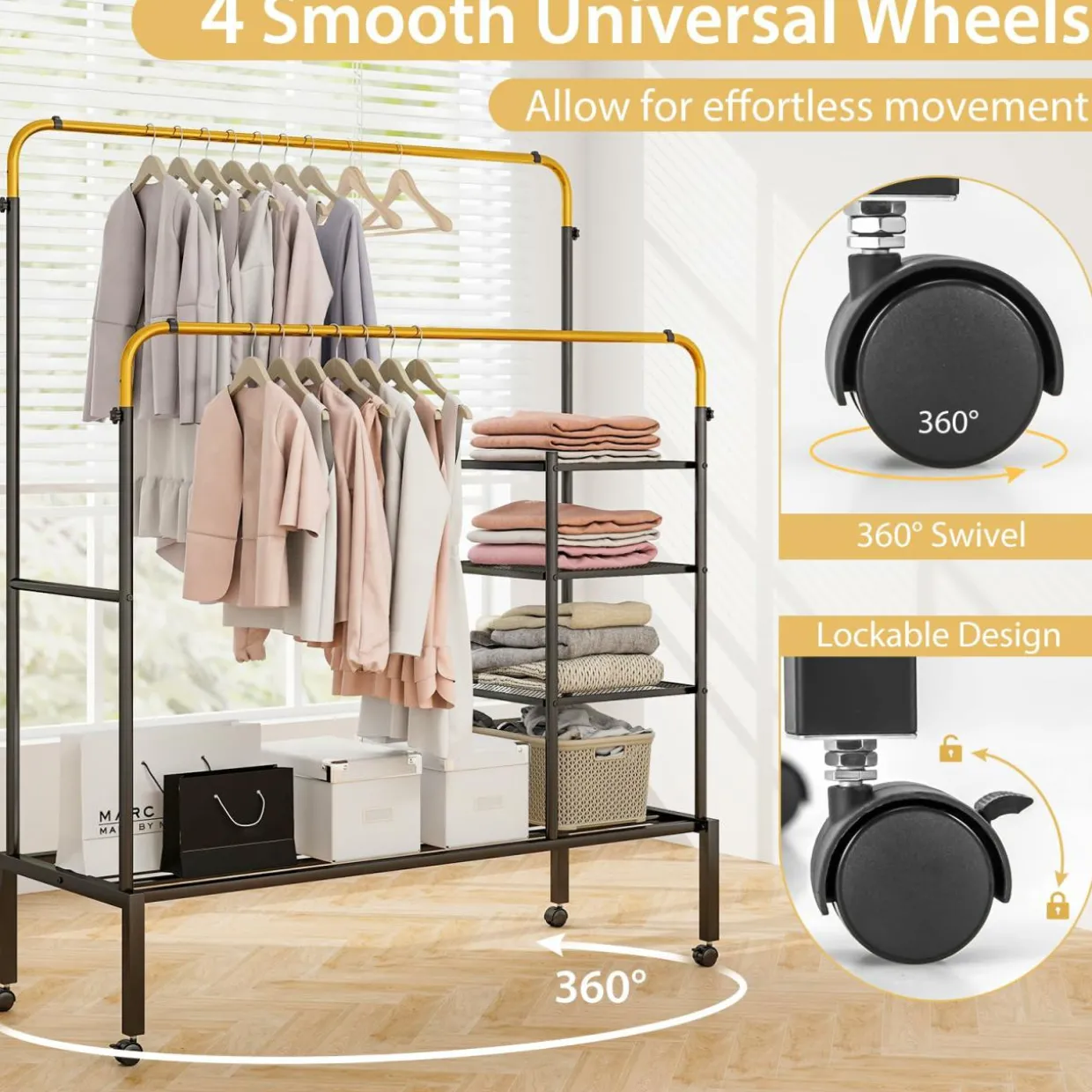 Tangkula Rolling Double Rods Garment Rack, Clothes Drying Rack with Height Adjustable Hanging Bars