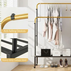 Tangkula Rolling Double Rods Garment Rack, Clothes Drying Rack with Height Adjustable Hanging Bars