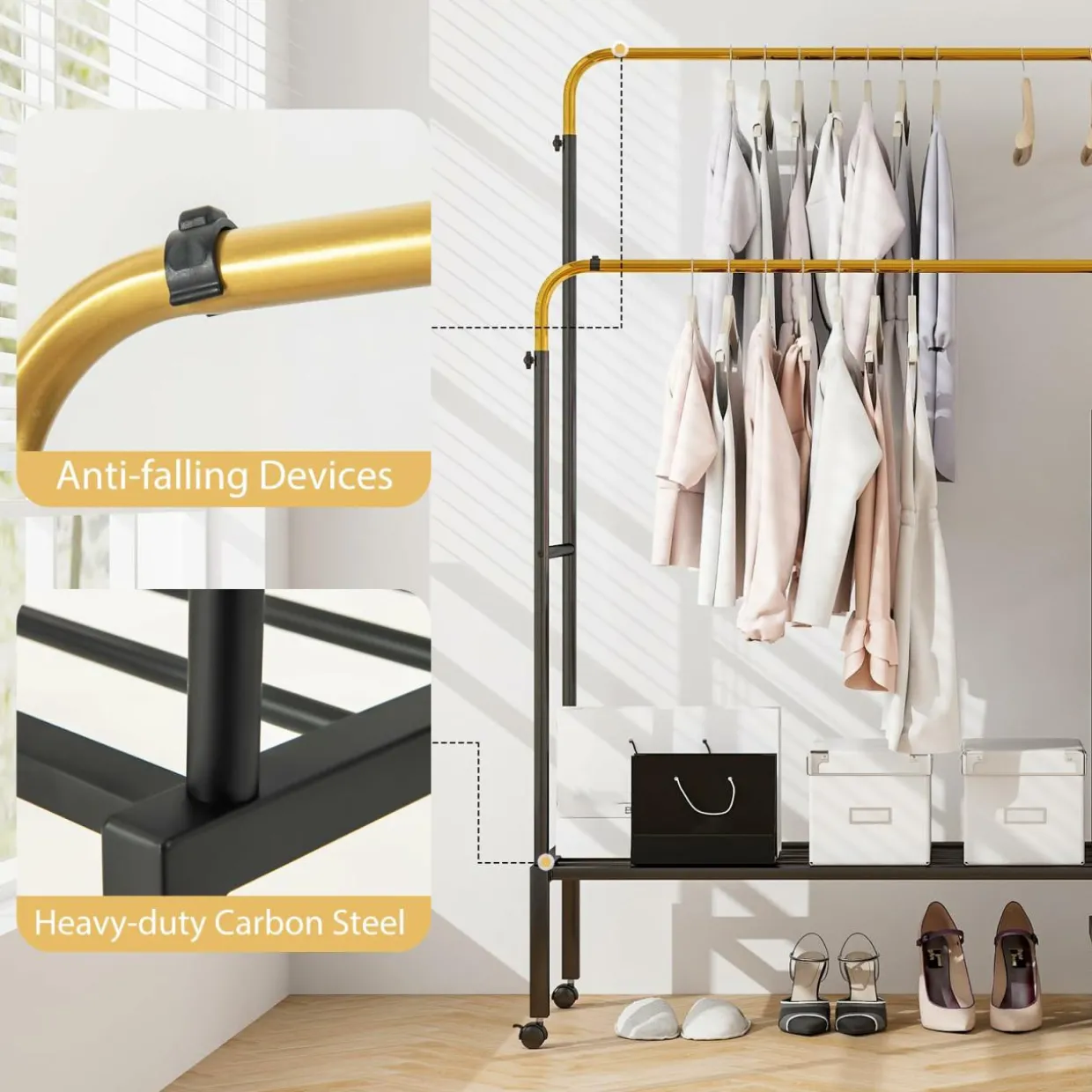 Tangkula Rolling Double Rods Garment Rack, Clothes Drying Rack with Height Adjustable Hanging Bars