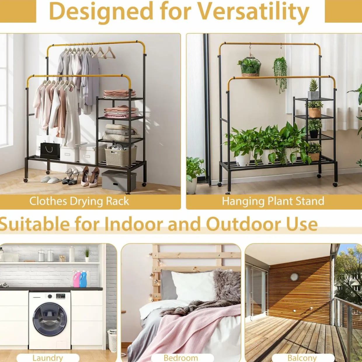 Tangkula Rolling Double Rods Garment Rack, Clothes Drying Rack with Height Adjustable Hanging Bars