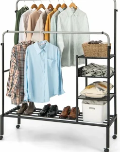 Tangkula Rolling Double Rods Garment Rack, Clothes Drying Rack with Height Adjustable Hanging Bars