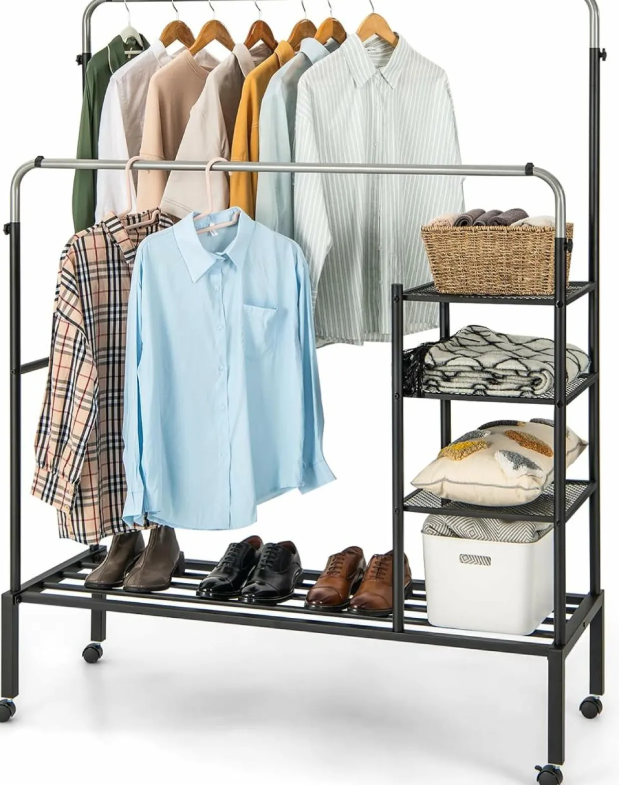 Tangkula Rolling Double Rods Garment Rack, Clothes Drying Rack with Height Adjustable Hanging Bars