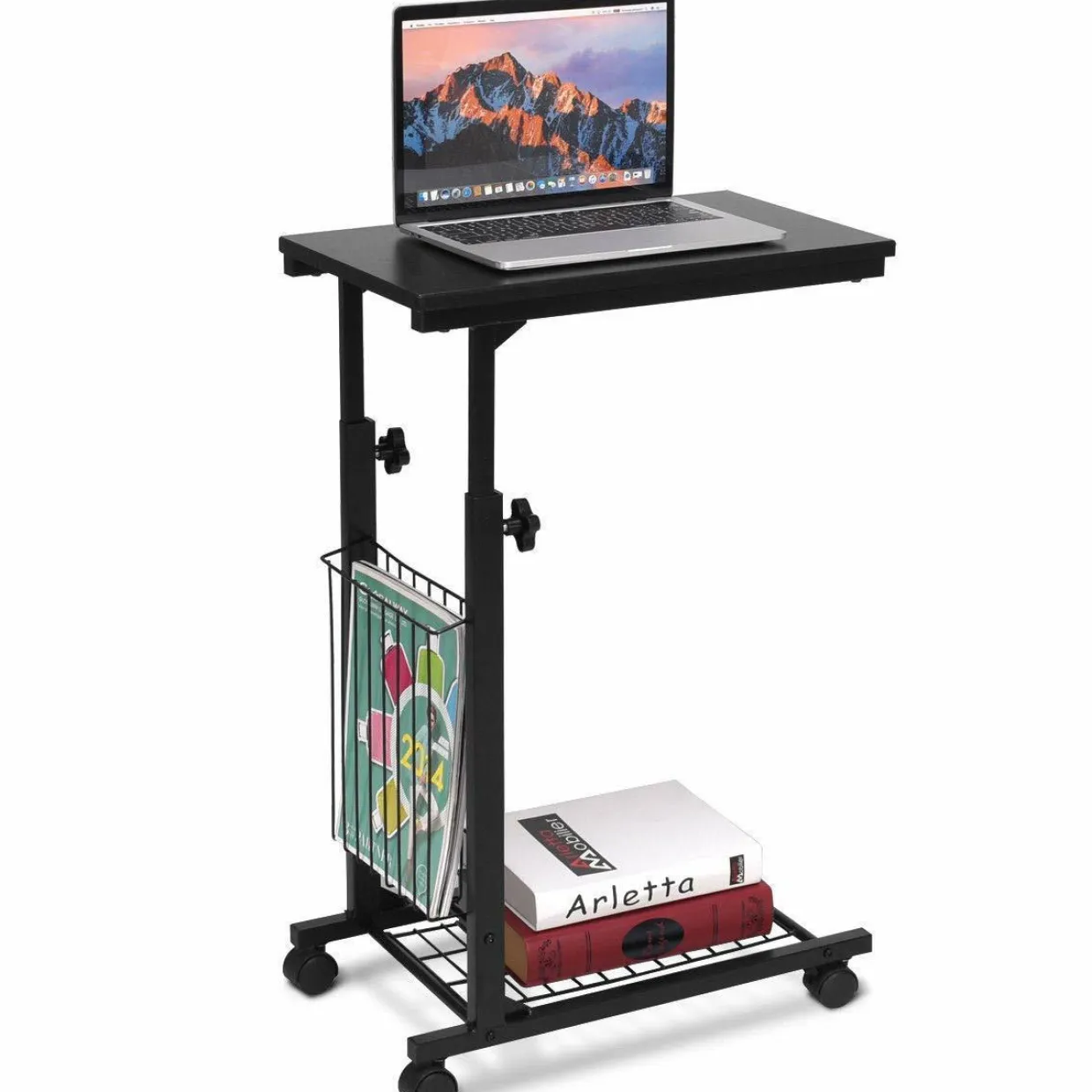 Tangkula Rolling Height Adjustable C Table, Mobile End Table with Detachable Wheels, Side Basket and Bottom Mesh Storage