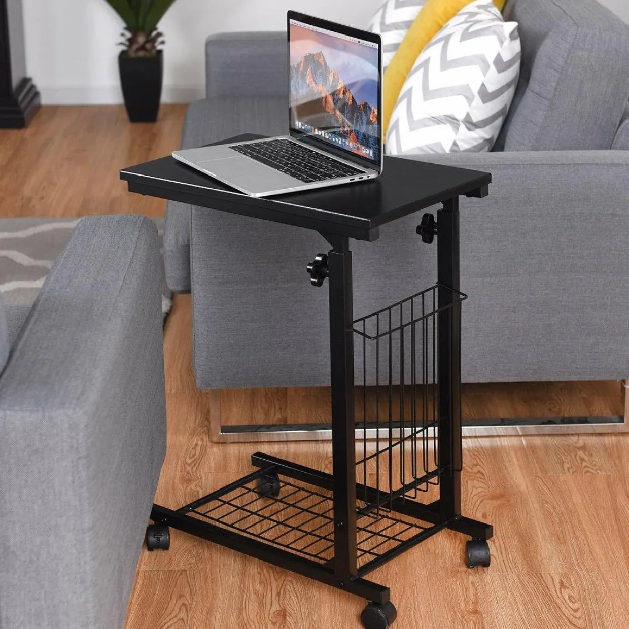 Tangkula Rolling Height Adjustable C Table, Mobile End Table with Detachable Wheels, Side Basket and Bottom Mesh Storage