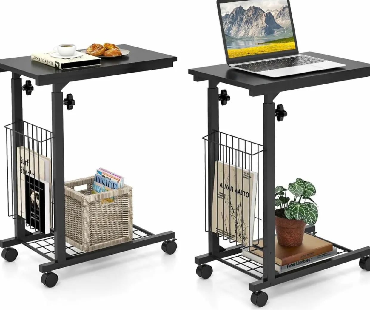 Tangkula Rolling Height Adjustable C Table, Mobile End Table with Detachable Wheels, Side Basket and Bottom Mesh Storage