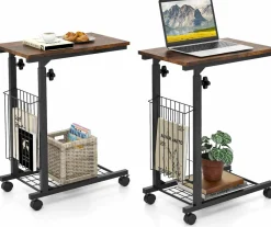 Tangkula Rolling Height Adjustable C Table, Mobile End Table with Detachable Wheels, Side Basket and Bottom Mesh Storage