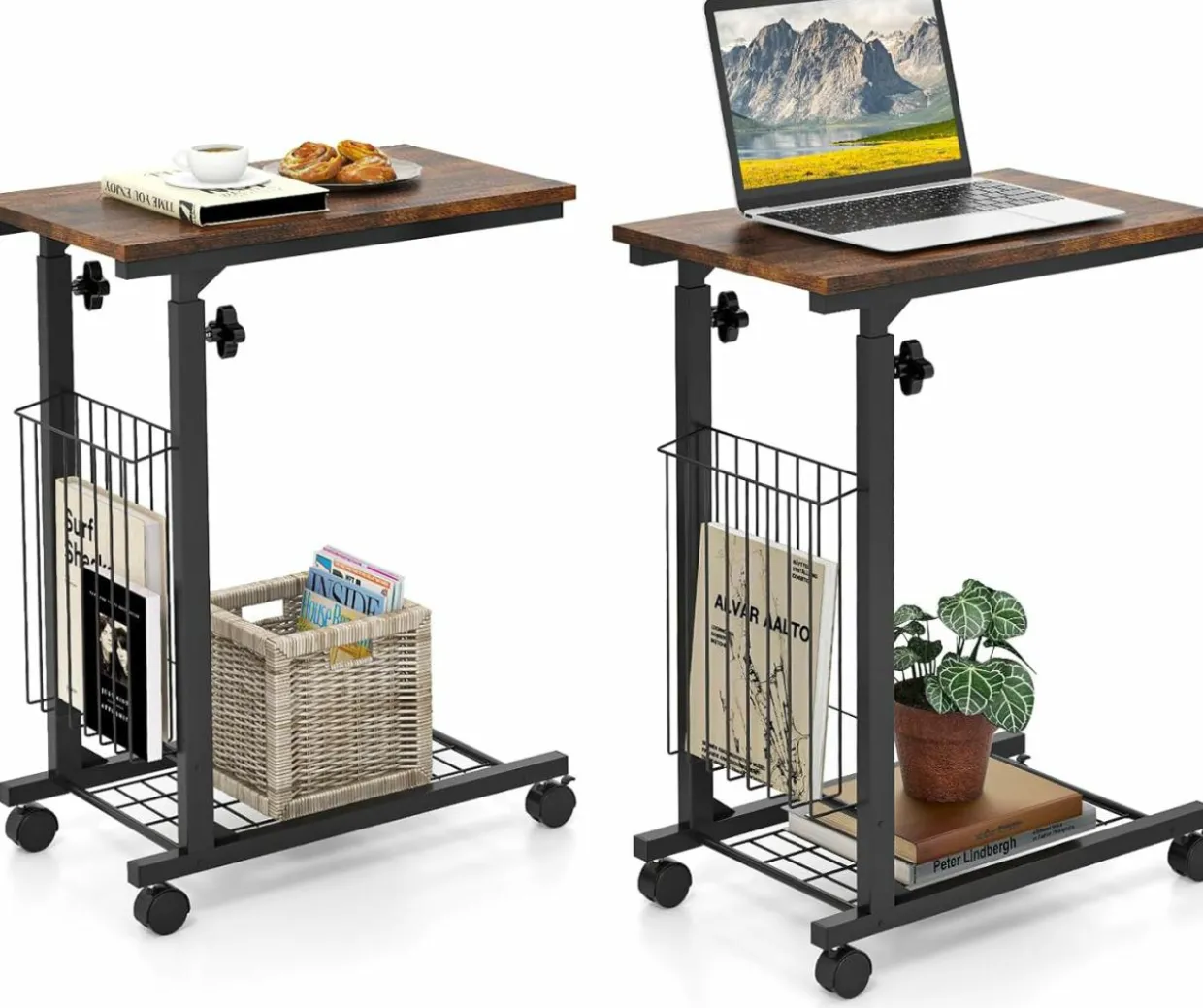 Tangkula Rolling Height Adjustable C Table, Mobile End Table with Detachable Wheels, Side Basket and Bottom Mesh Storage