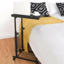 Tangkula Rolling Height Adjustable C Table, Mobile End Table with Detachable Wheels, Side Basket and Bottom Mesh Storage