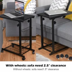 Tangkula Rolling Height Adjustable C Table, Mobile End Table with Detachable Wheels, Side Basket and Bottom Mesh Storage