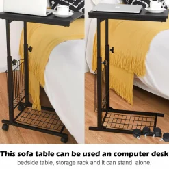 Tangkula Rolling Height Adjustable C Table, Mobile End Table with Detachable Wheels, Side Basket and Bottom Mesh Storage