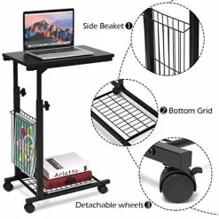 Tangkula Rolling Height Adjustable C Table, Mobile End Table with Detachable Wheels, Side Basket and Bottom Mesh Storage