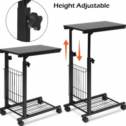 Tangkula Rolling Height Adjustable C Table, Mobile End Table with Detachable Wheels, Side Basket and Bottom Mesh Storage