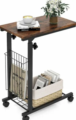 Tangkula Rolling Height Adjustable C Table, Mobile End Table with Detachable Wheels, Side Basket and Bottom Mesh Storage