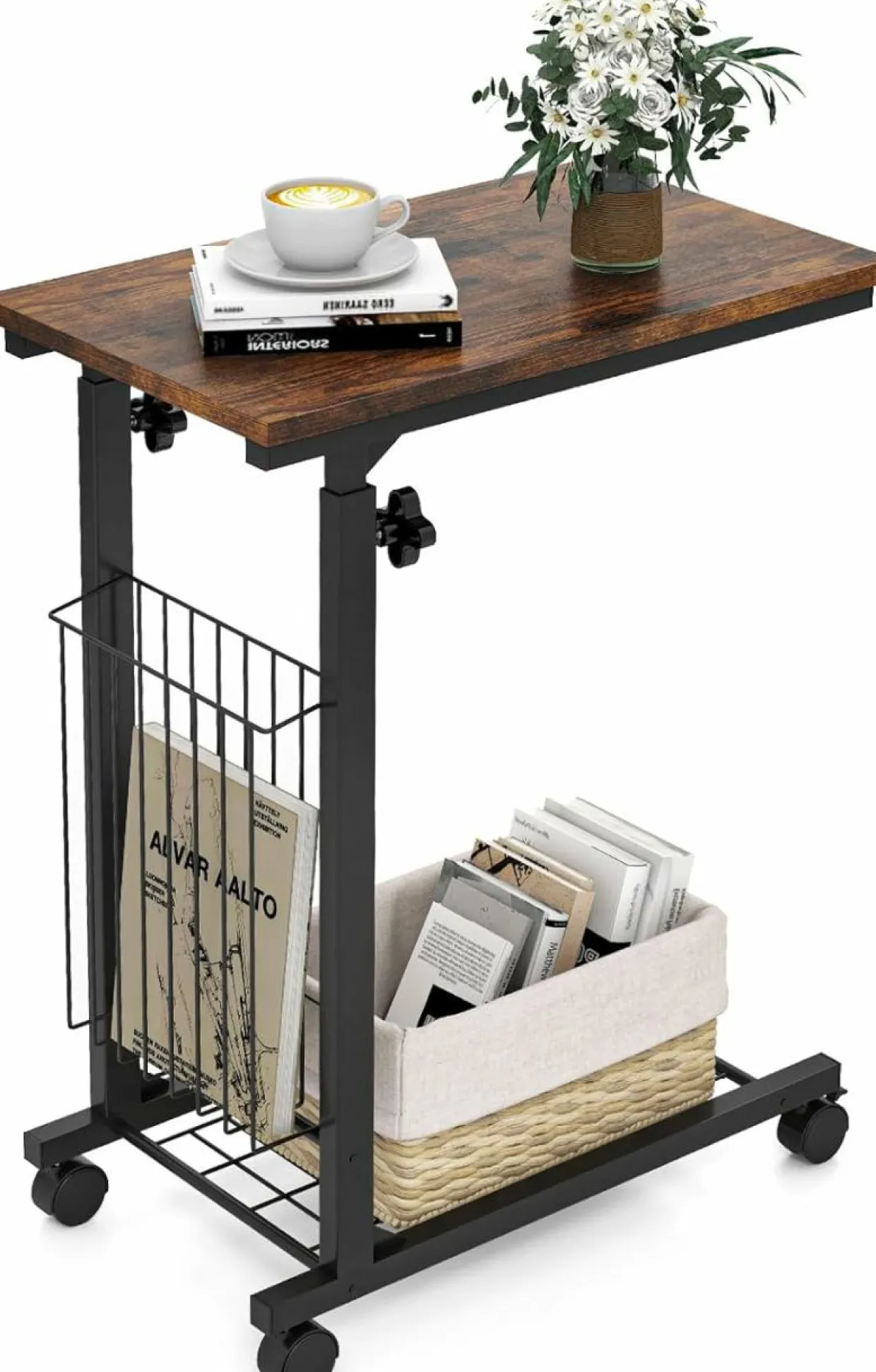Tangkula Rolling Height Adjustable C Table, Mobile End Table with Detachable Wheels, Side Basket and Bottom Mesh Storage