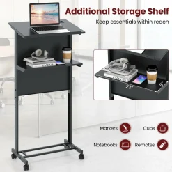 Tangkula Rolling Podium Stand, 3-Position Height Adjustable Lectern Table with Tilted Tabletop