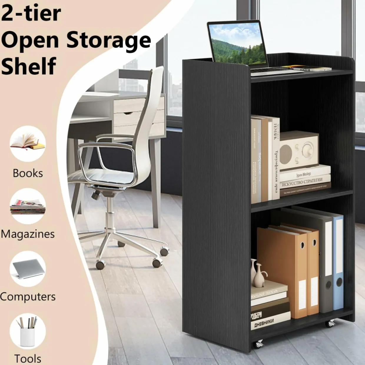 Tangkula Rolling Podium Stand, Mobile Lectern Stand with 2 Shelves & Lockable Wheels