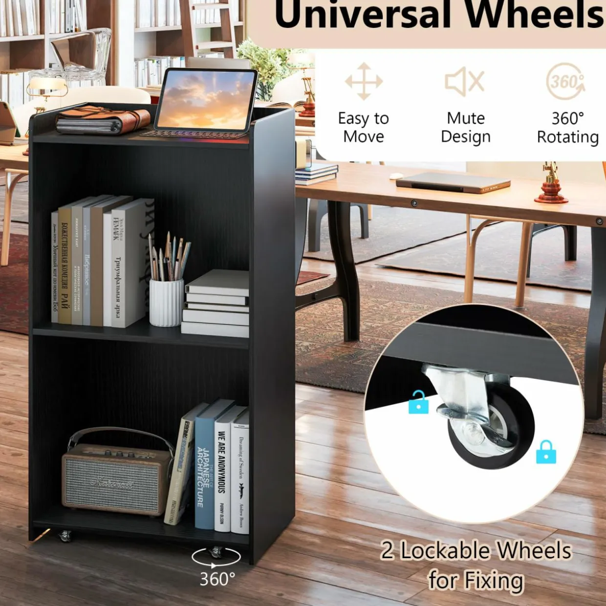 Tangkula Rolling Podium Stand, Mobile Lectern Stand with 2 Shelves & Lockable Wheels