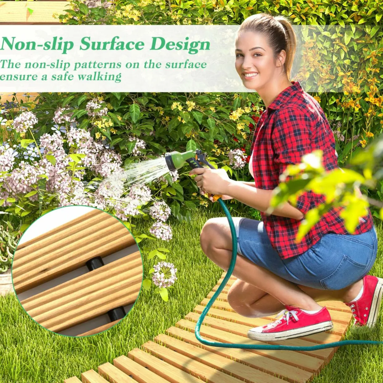 Tangkula Roll-Out Garden Pathway, 7 FT Wooden Garden Pathway w/Non-Slip Surface, Metal Wires with Plastic Sheath