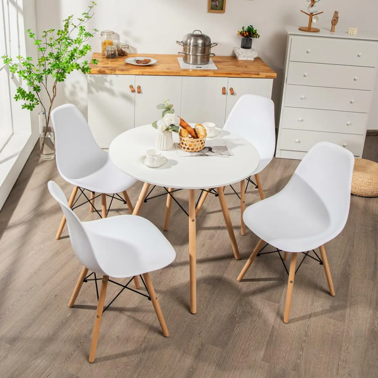Tangkula Round Dining Table Set for 4, Kitchen Table Set with Seat & Solid Wood Legs