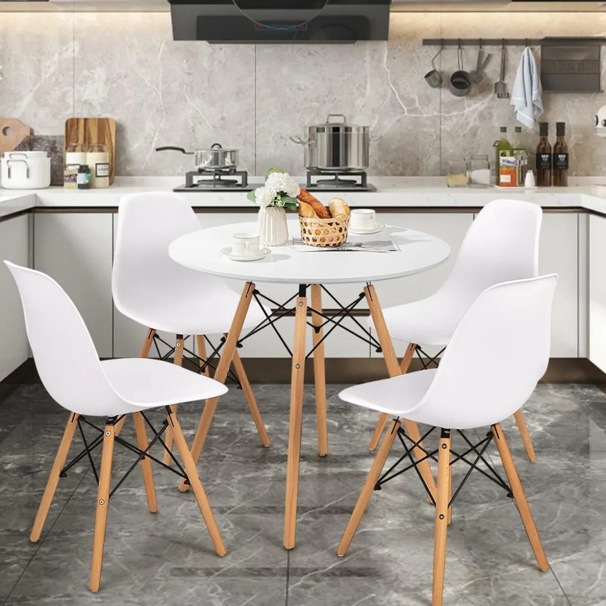 Tangkula Round Dining Table Set for 4, Kitchen Table Set with Seat & Solid Wood Legs