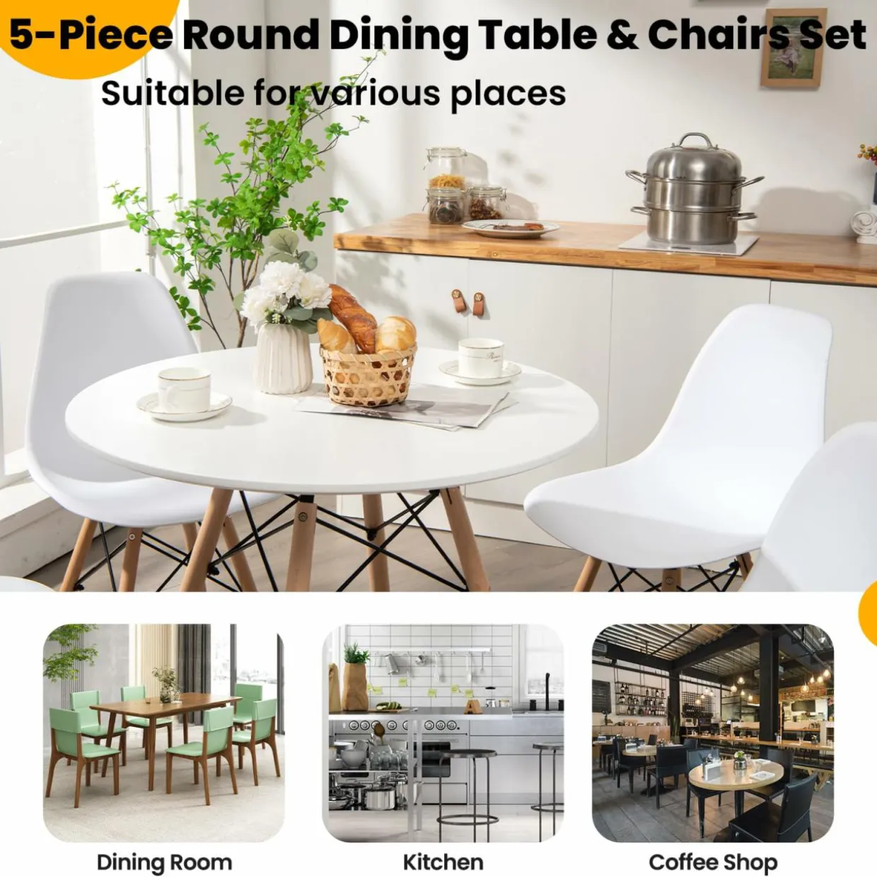 Tangkula Round Dining Table Set for 4, Kitchen Table Set with Seat & Solid Wood Legs