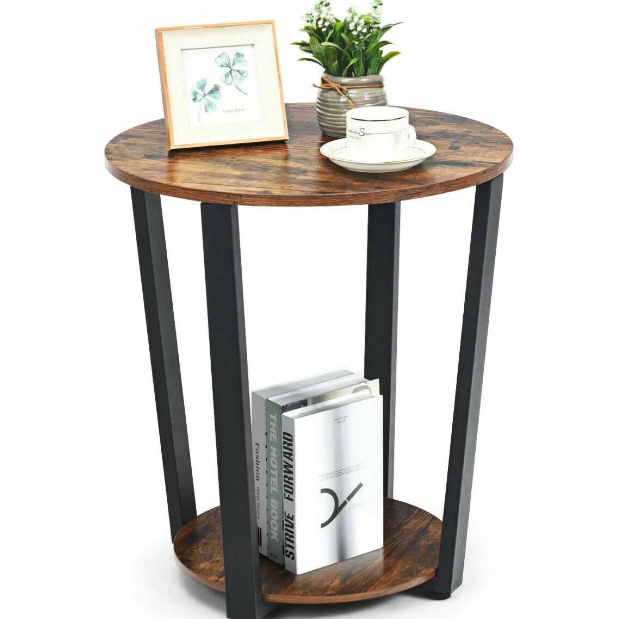 Tangkula Round End Table, 2-Tier Metal Sofa Table with Storage Shelf