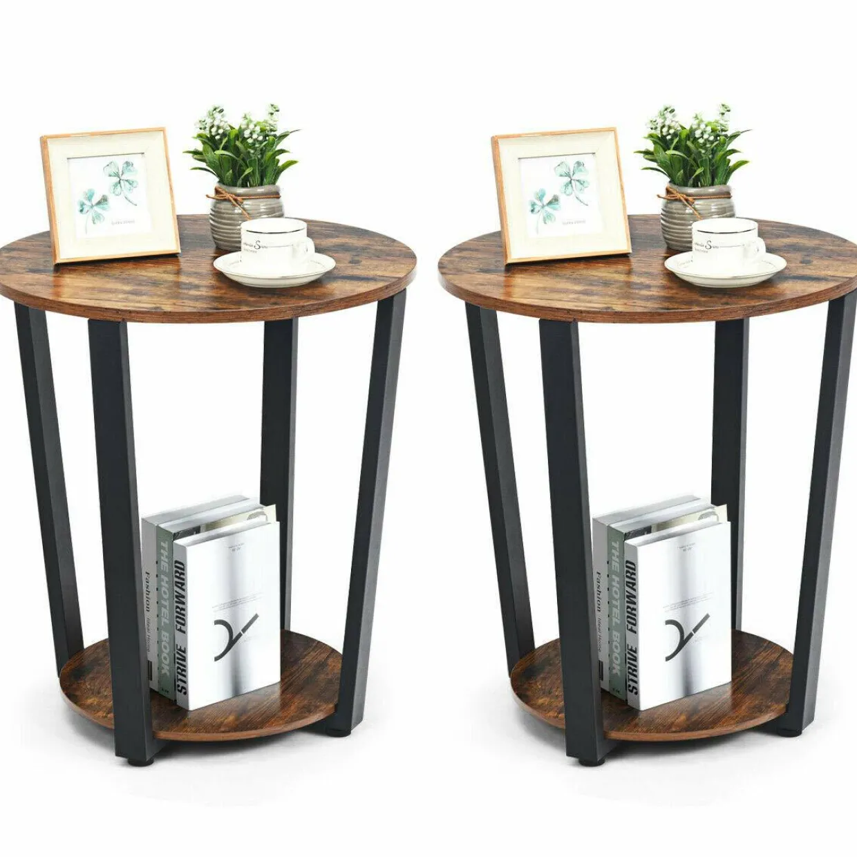 Tangkula Round End Table, 2-Tier Metal Sofa Table with Storage Shelf