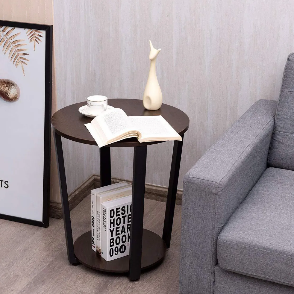 Tangkula Round End Table, 2-Tier Metal Sofa Table with Storage Shelf