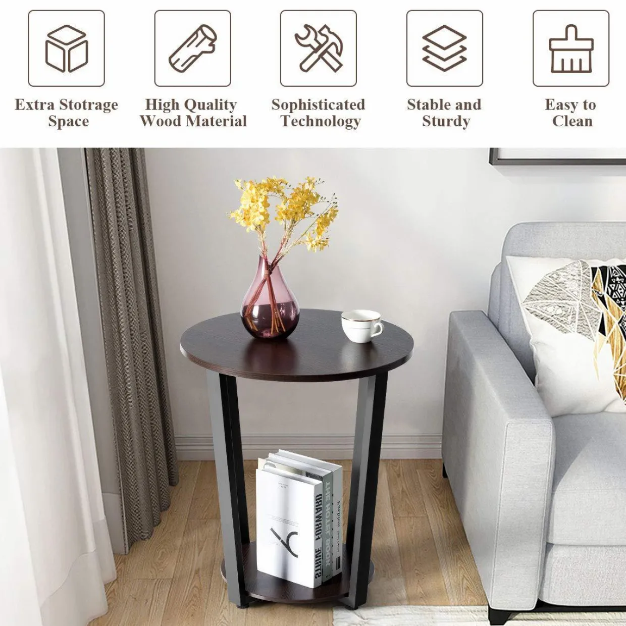 Tangkula Round End Table, 2-Tier Metal Sofa Table with Storage Shelf