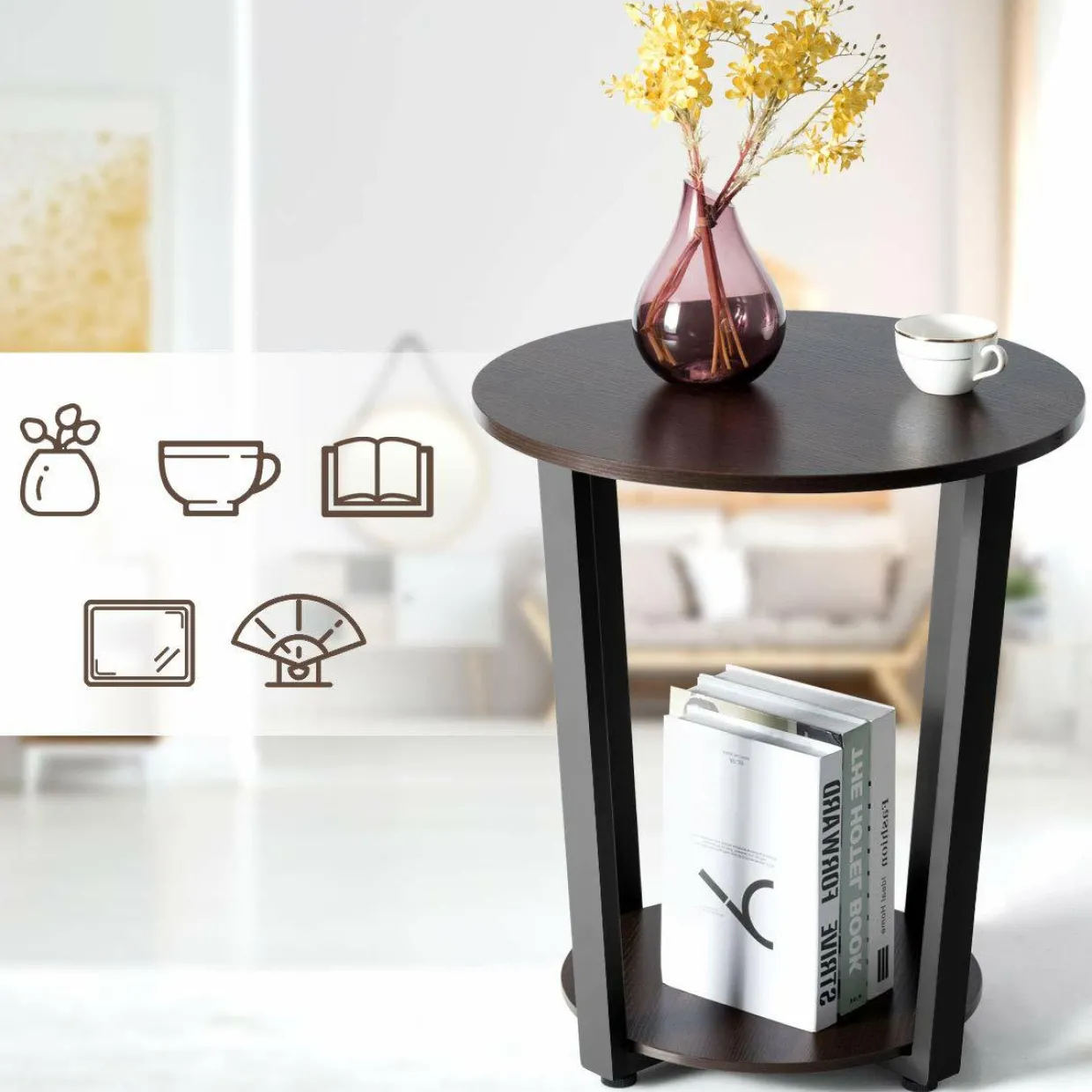 Tangkula Round End Table, 2-Tier Metal Sofa Table with Storage Shelf
