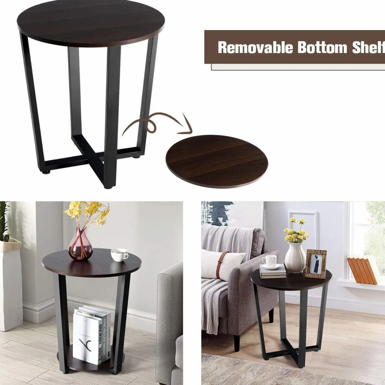 Tangkula Round End Table, 2-Tier Metal Sofa Table with Storage Shelf